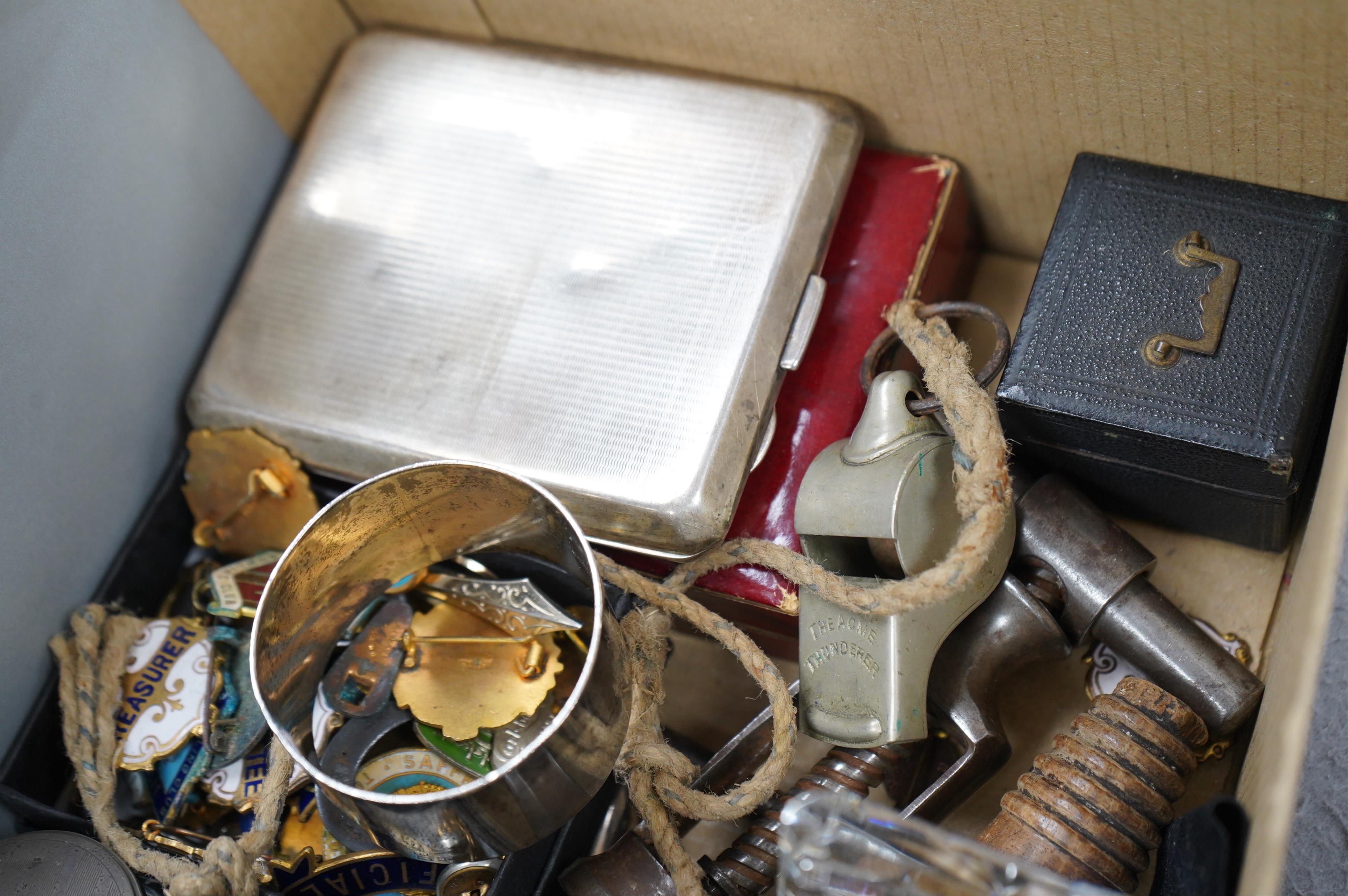 A quantity of assorted collectables to include some small silver, enamel badges and two cloisonné bowls, Condition - poor to fair